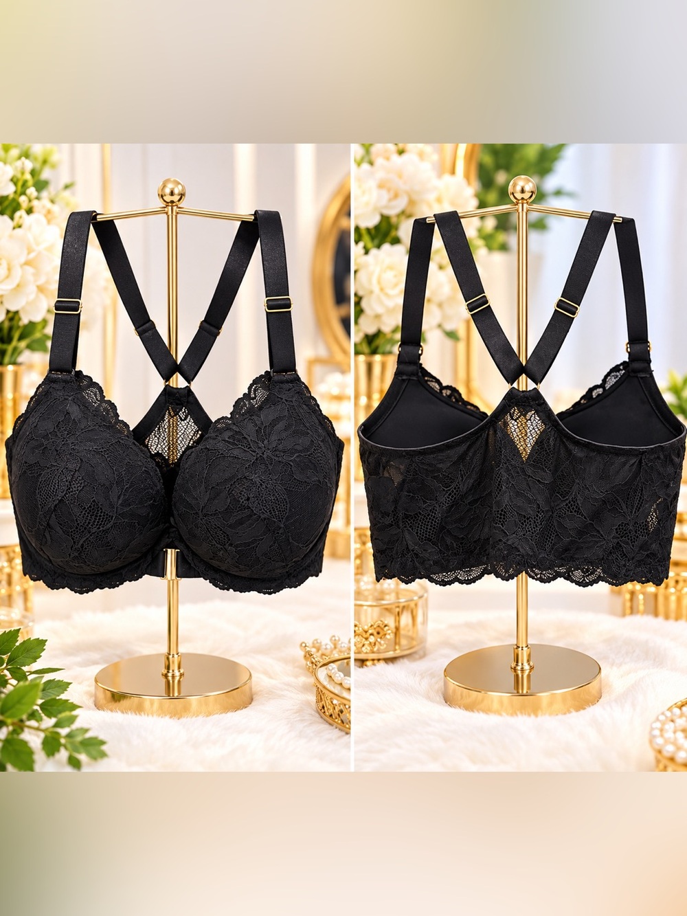 Black Lace Longline Bra with Strappy Back